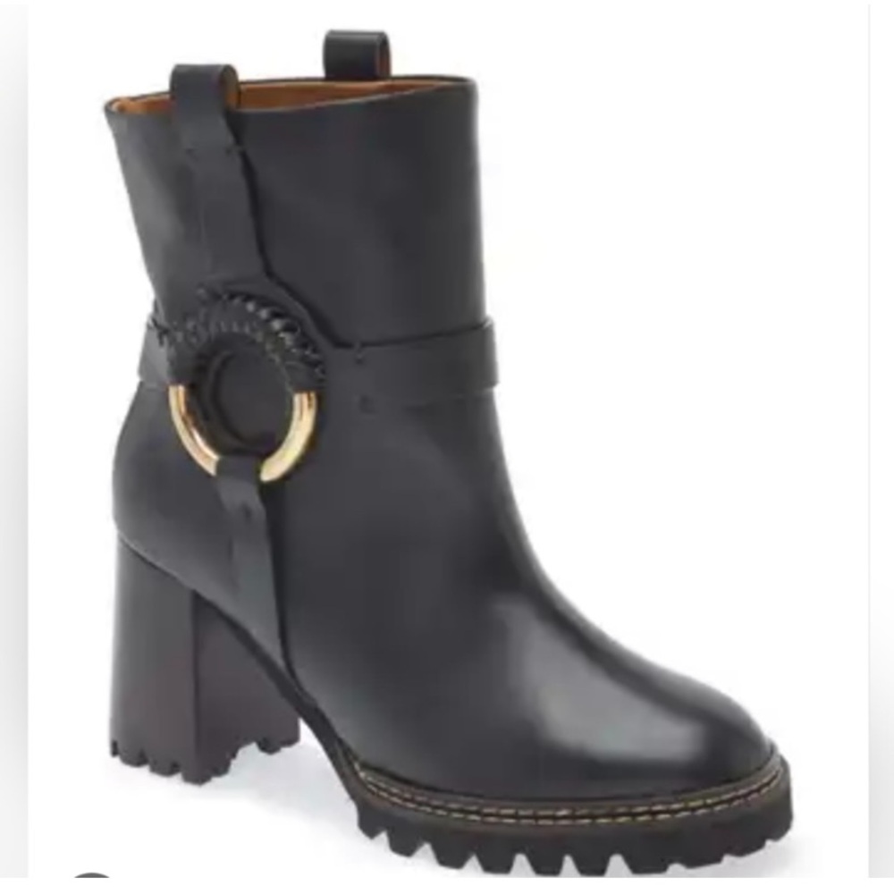 See By Chloe Black Ankle Boots with Gold Ring Detail